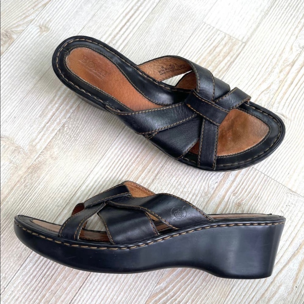 Born Leather Slide Wedge Sandals, Black.